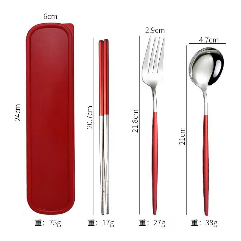 Stainless steel tableware, convenient student spoon, fork, chopstick three-piece set, travel storage set