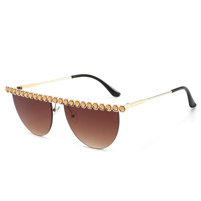 New European and American frameless semi-round sunglasses with diamonds trendy metal sunglasses women's personalized fashion sunglasses