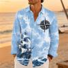 Men's Long-sleeved Nautical Sailboat Compass Print Casual Collared Shirt, Ocean Wave Retro Loose Holiday Beach Shirt