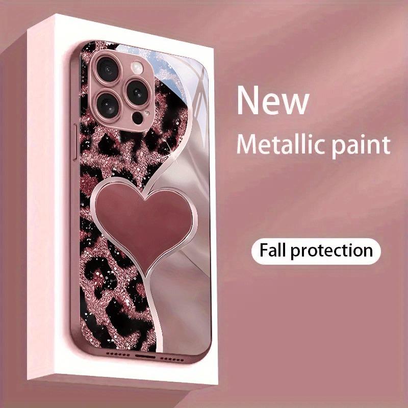Pink Leopard Heart Pattern Metallic Paint Glass Hard Phone Case For iPhone 17 Air 17 16 15 14 13 12 11 Pro Max Plus 16E Cover