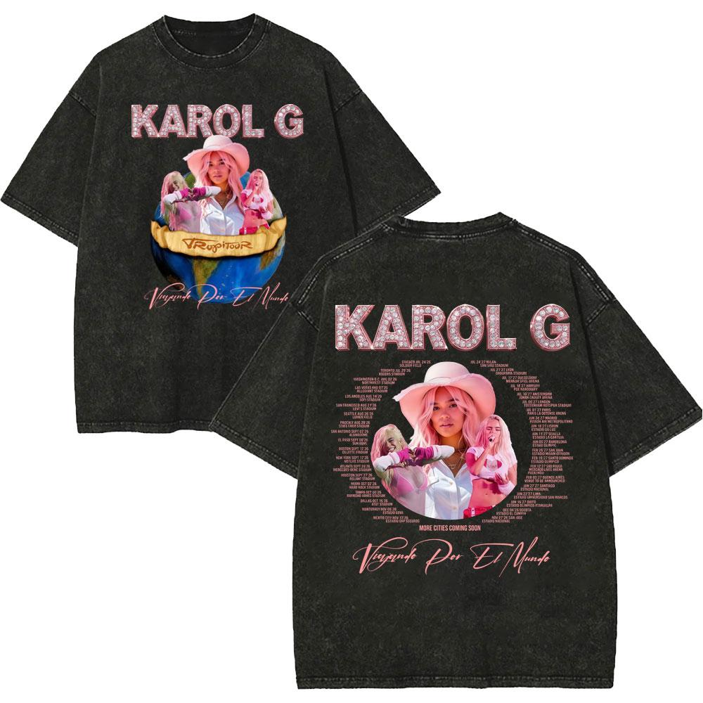 Vintage Spłowiałe Koszulki Karol G Tropicoqueta Tour 2026 Mężczyźni Kobiety Moda Pop Muzyka Koszulka Letnia Codzienna Luźna Bawełniana Koszulka