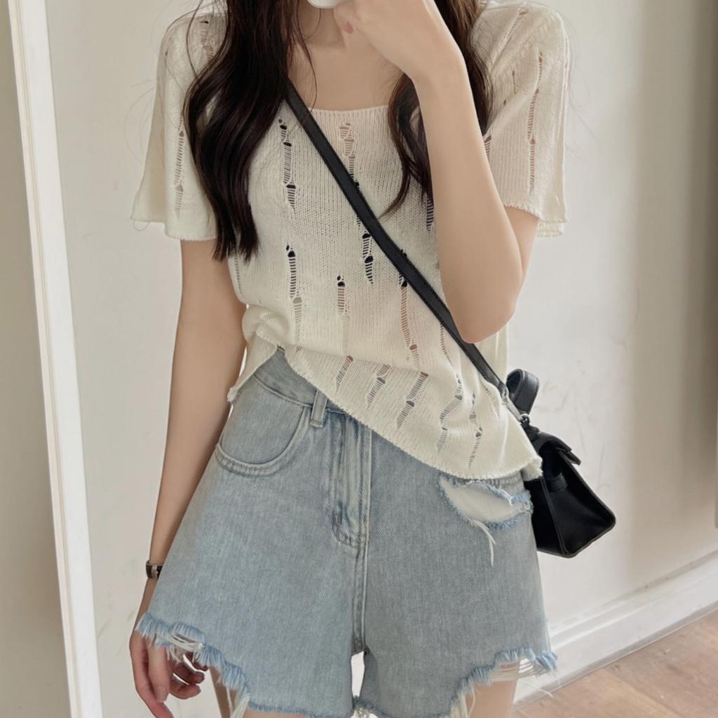 Hollow Out Loch Eisseide Strickpullover für Damen im Sommer Lockerer und Dünner Stil Schickes Kurzarm-Top Trendy