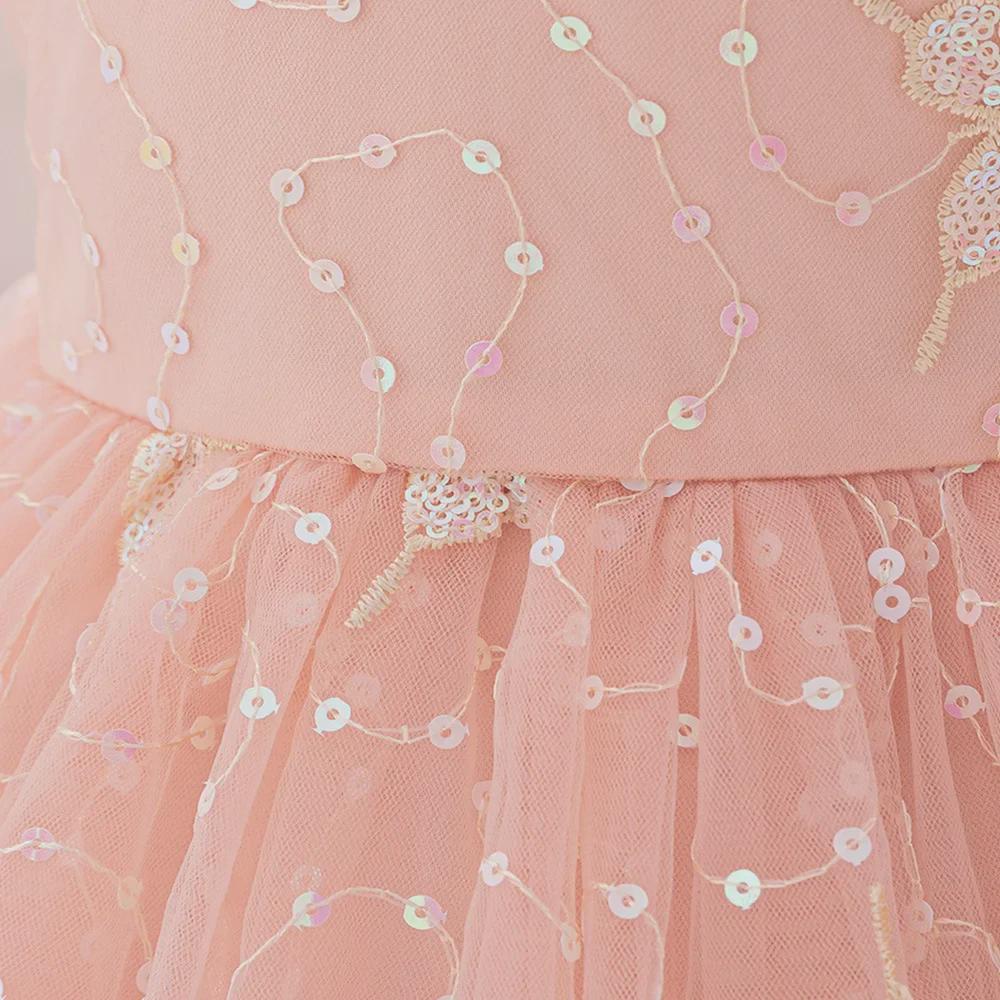 One-Year-Old Pink Puff Sleeve Flower Girl Princess Dress with Mesh Skirt