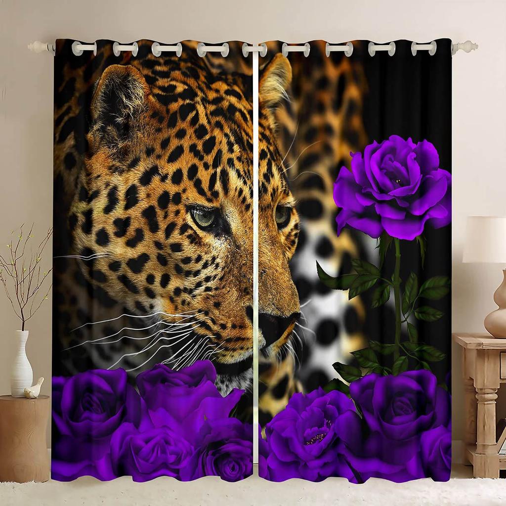 Retro Colorful Rose Animal Lion Print Curtains Living Room Study Children's Room Decorative Curtains Easy To Wash And Care 2PCS