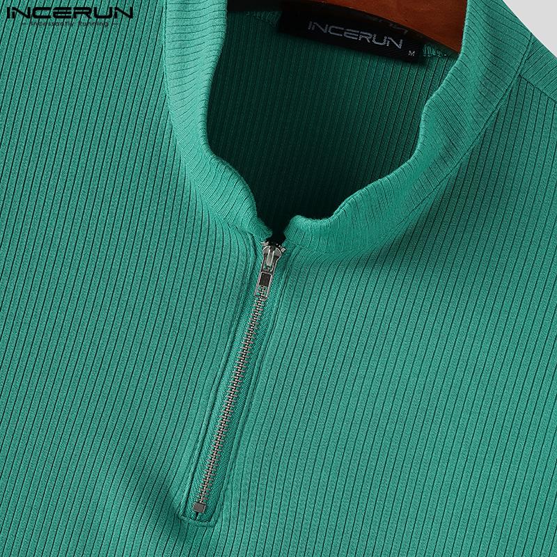 INCERUN Men Mockneck Short Sleeve Zip-up Rib Casual Fitted T-shirts Tops