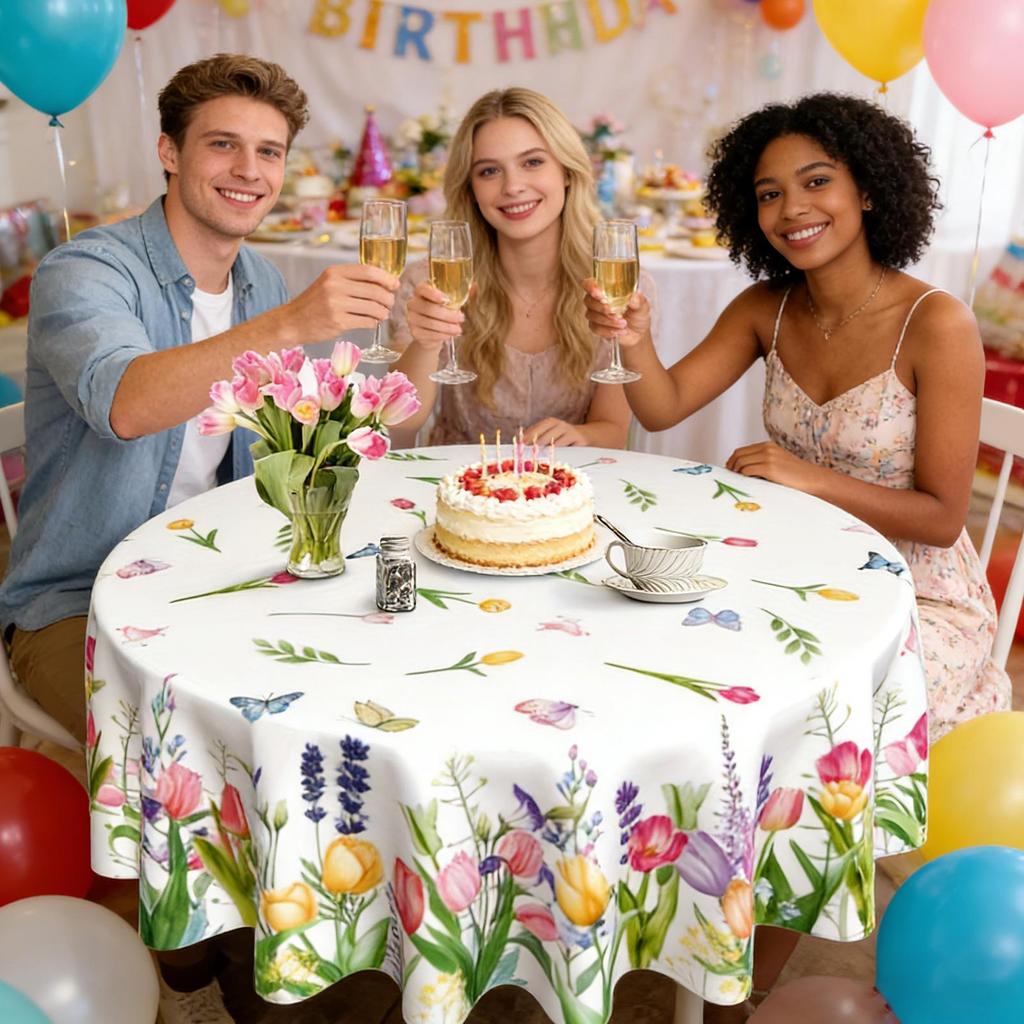 Floral Table Cloth 70 Inch Washable Fabric Spring Decor Circle Easter Tablecloths Protector for Home Farmhouse Apartment Hotel