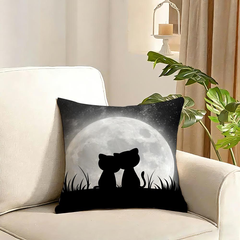 New Little Black Cat Cute Couple Cushion Cover Reversible Plush Pillow Cover Soft Fluffy Home Decor for Sofa Bedroom