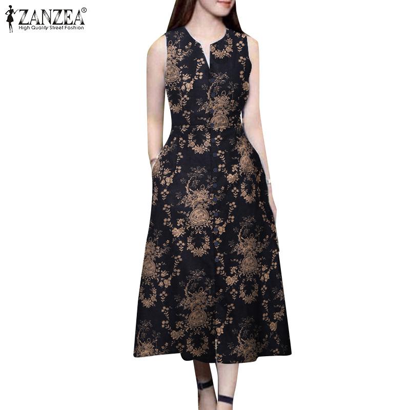 

ZANZEA Женское повседневное платье без рукавов с v-образным вырезом и принтом M темно-синий