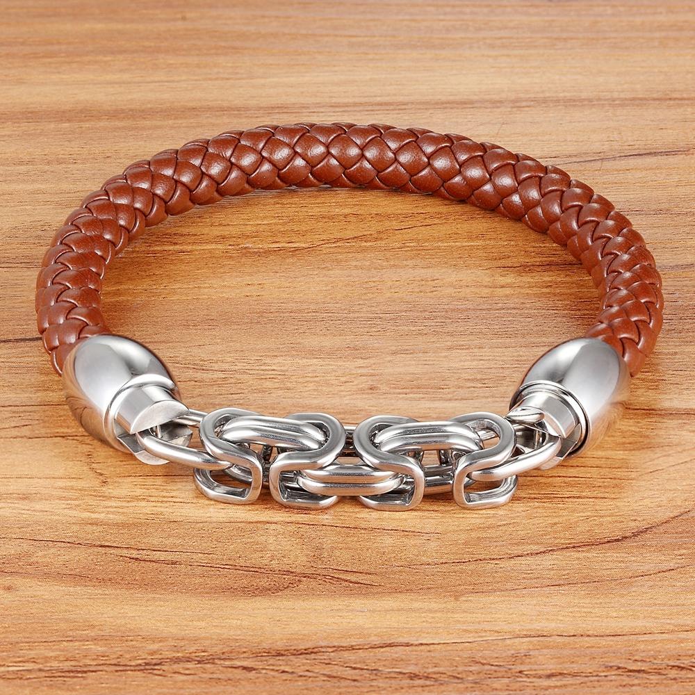 New Fashion Genuine Leather Bracelet Men Casual Classic Stainless Steel Bracelets Brand Wrap Charm Male Bracelets