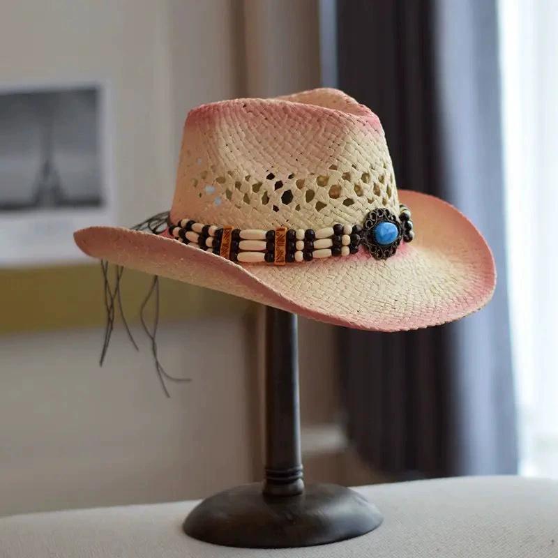 202602-2509340 ins chic summer western cowboy paper grass Vintage Bohemian Bead fedoras hat Outdoor men women panama jazz cap