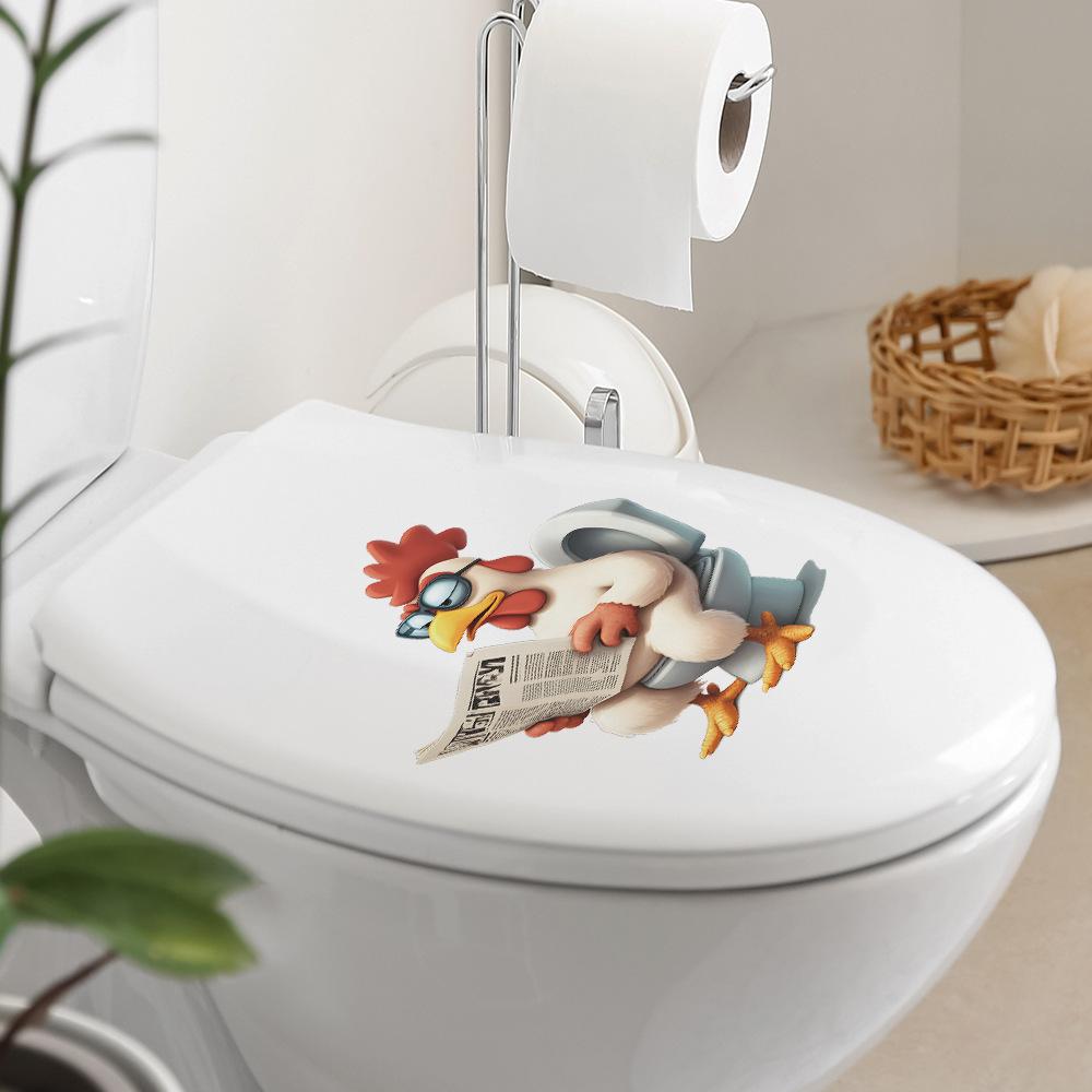 Cartoon Funny Reading Rooster Toilet Seat Sticker Bathroom Decor Humorous Removable Waterproof Decal