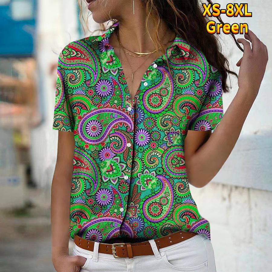 2025 Summer New Fashion Women's Retro Printed Short Sleeve V-neck Casual Button-down Shirt Top