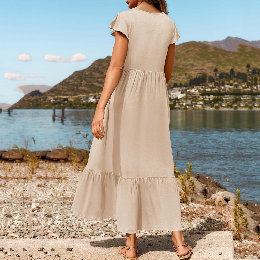 Damen Sommer Freizeitkleider Kurzarm Rundhalsausschnitt Locker Fließendes Strandkleid Mit Taschen