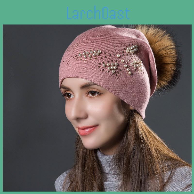 Knitted Pearl Hot Butterfly Diamond Hat Womens Winter Fur Raccoon Ball Warm Versatile Pullover Hat
