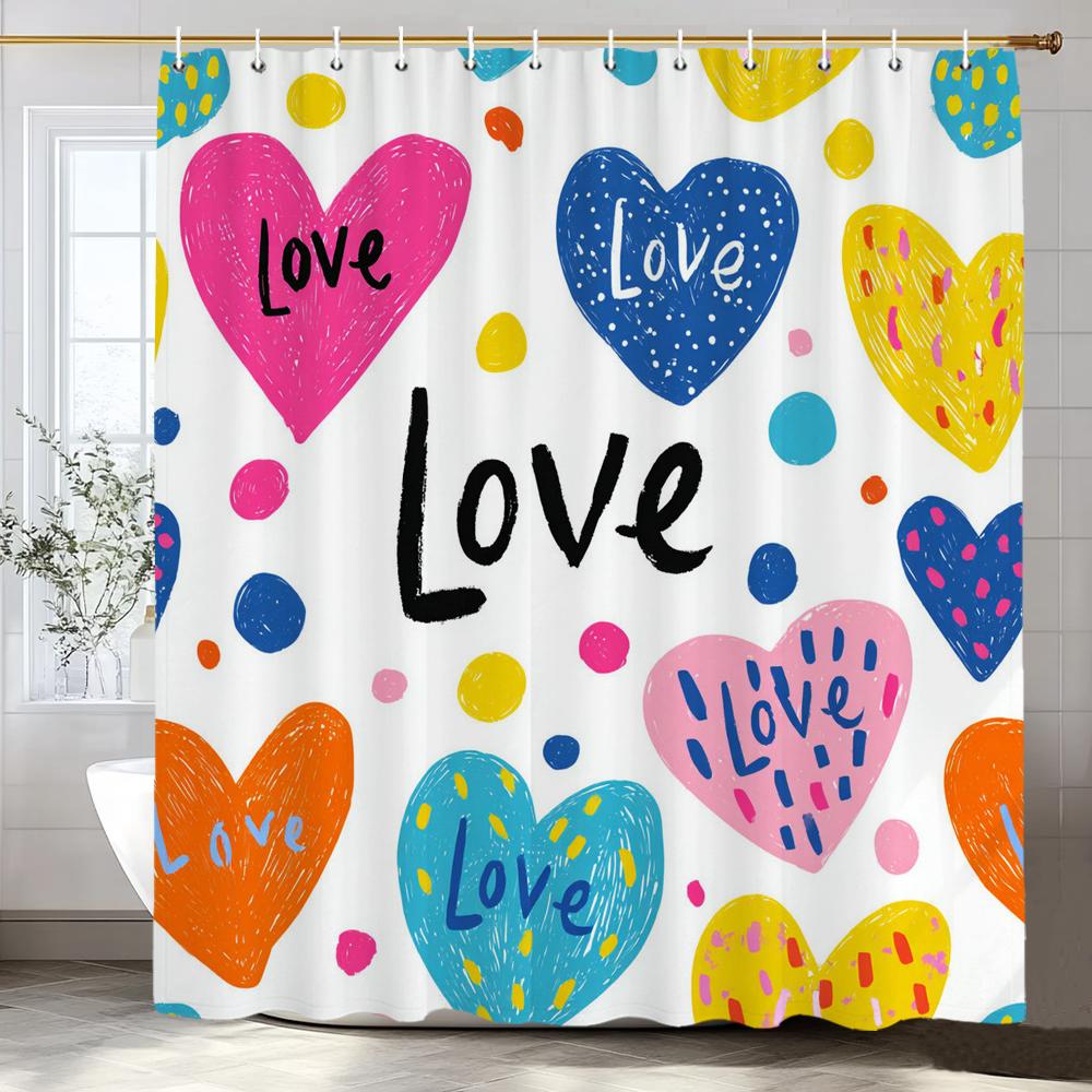 Modern heart-shaped Red Love Pattern Shower Curtain, Bathroom Decorative Shower Curtain, Waterproof Shower Curtain with Hooks