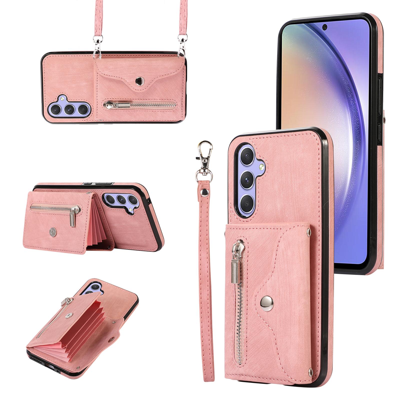 

For Samsung Galaxy A36 5G Case PU Leather+TPU RFID Blocking Card Slots Phone Cover with 2 Straps Rose Gold