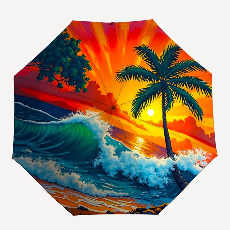 1pc Sunset Palm Automatic Opening/Closing Folding Umbrella with 8 Ribs,Windproof Portable Sunshade Umbrella Holiday gift yy260401054