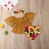 Conjunto para niñas con tres piezas de vestido con volantes en los hombros, braga culote estampada y lazo a juego