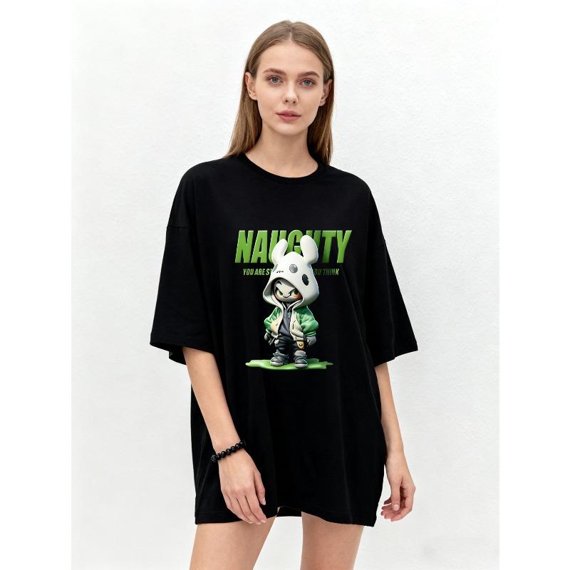 

Oversized T Shirt Black Naughty Rabbit Graphic Print With Green Text Casual Streetwear Style For Everyday Wear XXXXL чёрный