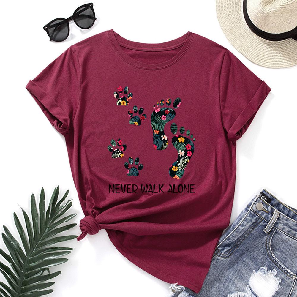 Never Walk Alone Cotton T-Shirt Short Sleeve Round Neck Women 2d Print Tops