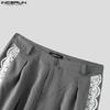 INCERUN Men Casual Zipper Waist Lace Hem Long Wide Legs Pants Trousers