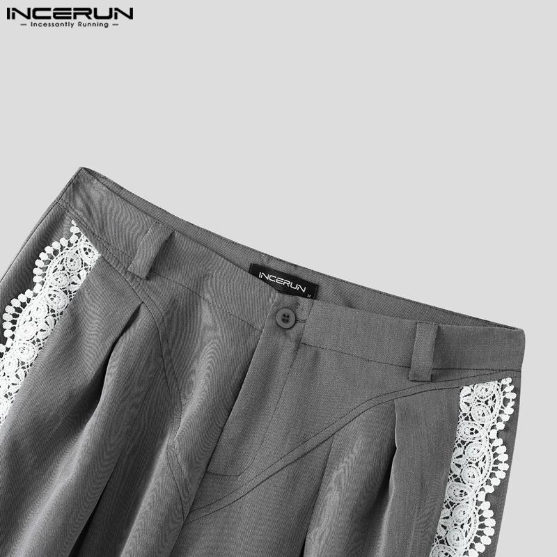INCERUN Men Casual Zipper Waist Lace Hem Long Wide Legs Pants Trousers