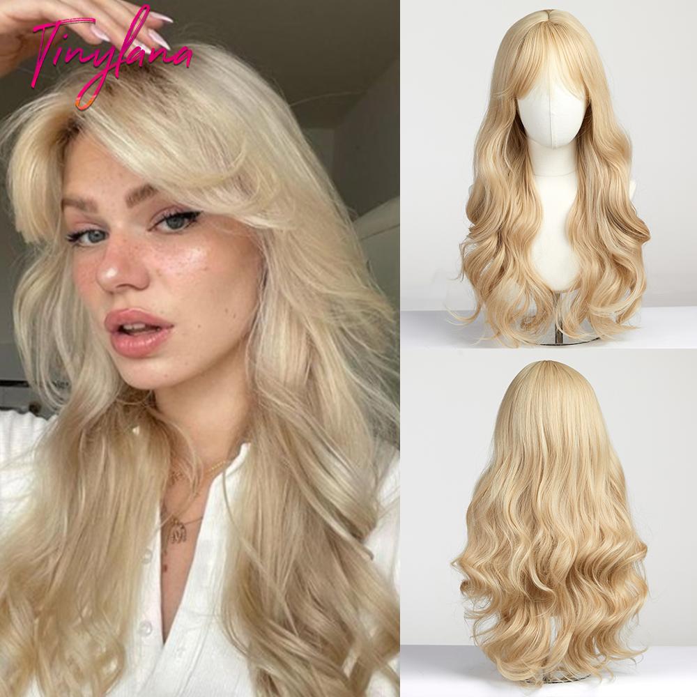 Long Golden Blonde Wave Synthetic Wigs with Bangs for Women Golden Brown Natural Cosplay Costume Daily Hair Wigs Heat Resistant