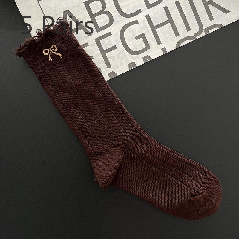 

5 пар женских милых модных носков с бантом в трубчатом ворсе 5 Pairs темно-коричневого