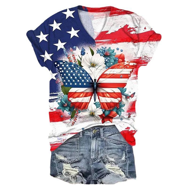 Summer V-neck 3D Flower Butterfly Printed Top Fashionable Casual Short Sleeved Women's T-shirts
