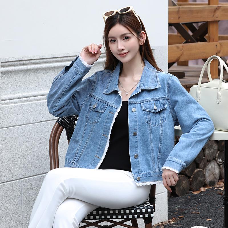 Lässige Jeansjacke im koreanischen Stil mit Spitzenbesatz