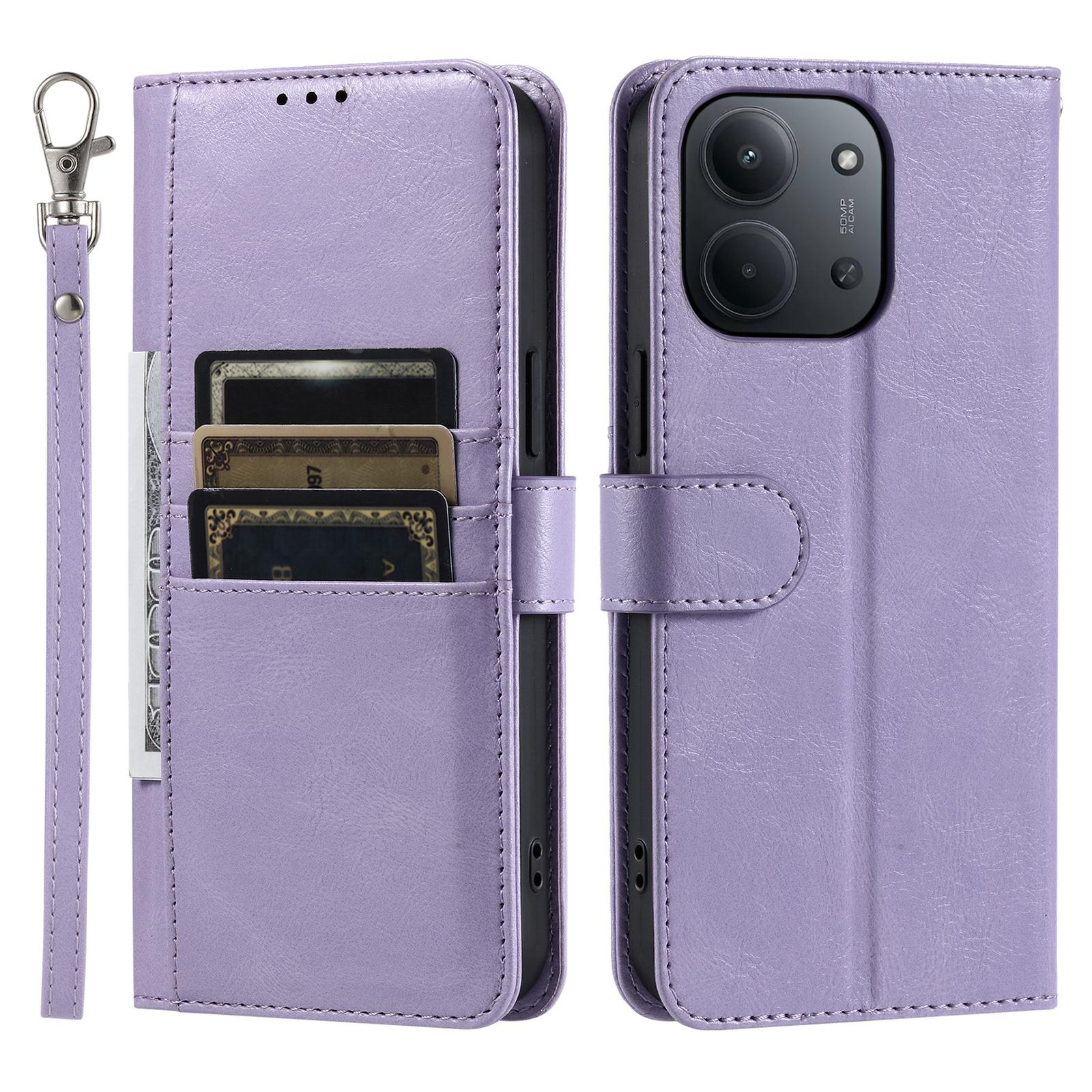 

For Xiaomi Redmi 15C 4G (EU) (173mm) Case 6 Card Slots PU Leather Anti-Fall Phone Cover with Wrist Strap Purple
