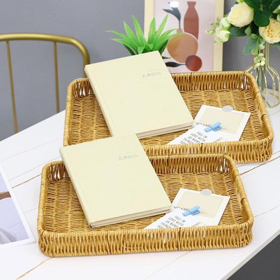 Storage Basket with Handle Manual Braided Faux Rattan Rectangle Shape Hollow Drainage Party Picnic Fruit Snacks Bread Serving