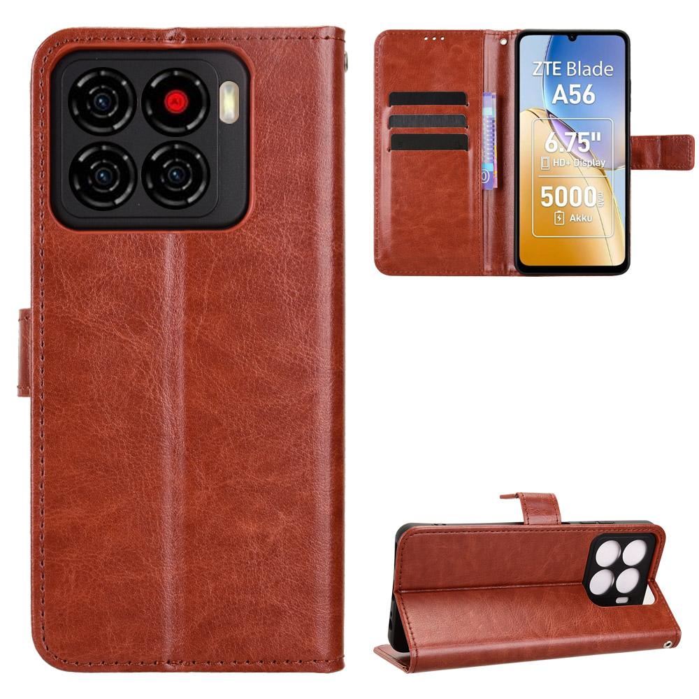 

For ZTE Blade A56 PU Leather Case with Strap Crazy Horse Texture Phone Wallet Cover Brown