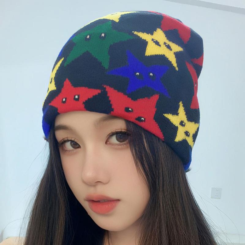 Mode Automne Hiver Homme Femme Coloré Cinq Pointes Étoile Jacquard Bonnets Tricotés Super Élastiques Bonnets Chauds