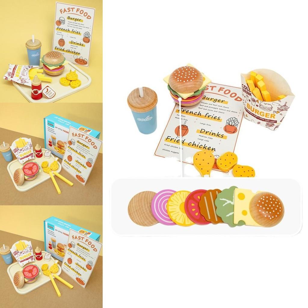 Fun Wooden Simulation Burger French Fries Beverage Kid Toy Set For Kids Learning And Imagination