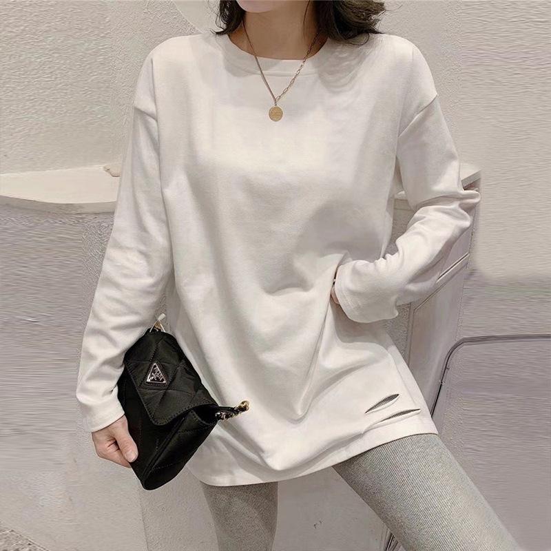 

Женская толстовка из бархата белого цвета, стиль осень-зима, универсальная футболка с длинными рукавами из чистого хлопка, свободный длинный фасон 2XL