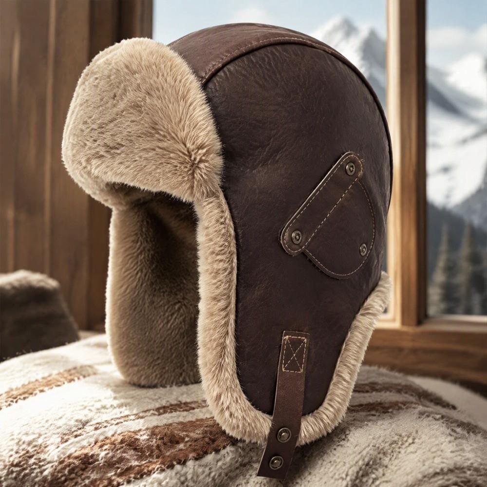 Vintage Pu Leather Pilot Hat Thicked Ear Protection Hat Neutral Winter Ski Cap Cycling