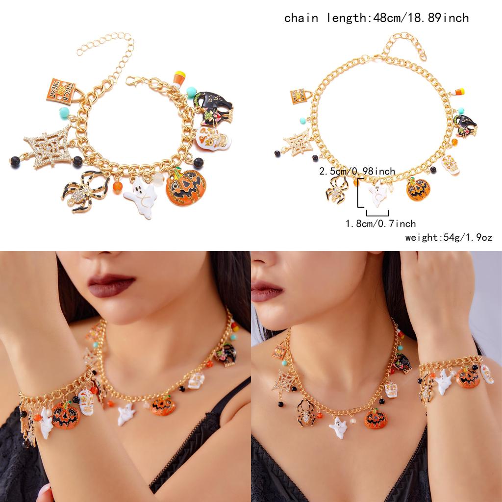 Pumpkin Skeleton Spider Charm Necklace And Bracelet In Alloy For Holiday Wear