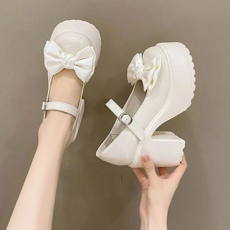 Fashion Summer and Autumn Fashion New Solid Color Bowknot Popular Thick-soled Buckle Round Toe High-heeled Shoes for Women