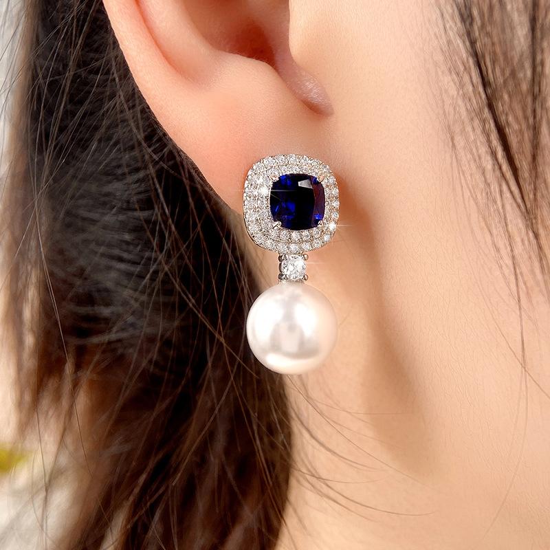 Popular, Artificial Pearl Earrings, Premium Inlaid Sapphire Blue Zircon Earrings Factory