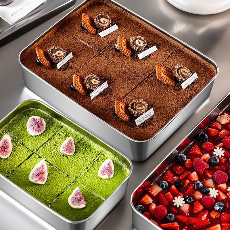 Rechteckige Serviertabletts Tiramisu-Tablett aus Edelstahl mit Deckel Vertiefte Kuchenbackform Lebensmittelteller Küchenutensilien