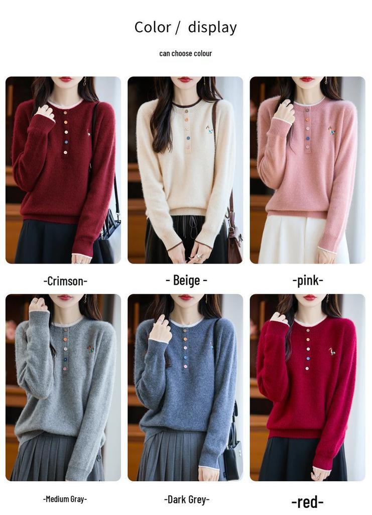 Women's 2025 Autumn/Winter 100% Wool Embroidered Sweater with Round Neck and Colorful Buttons
