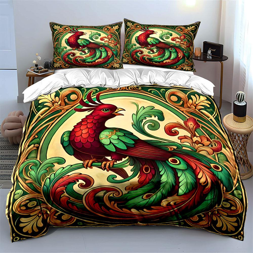 3Pcs Art Nouveau Peacock Ornate Frame Duvet Cover Set Vintage Green Floral Bird Bedding with 1 Duvet Cover 2 Pillowcases
