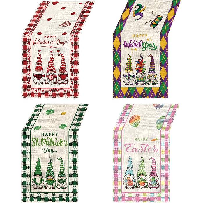 Hello Spring Gnomes Green Buffalo Plaid Table Runner 72 Inches Long, Gnome Decorations for Home, Burlap Spring Easter Floral Table Decor for Kitchen