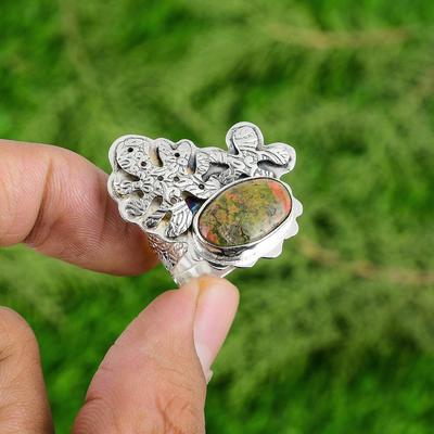 Mothers Day Sale Heart Chakra Unakite Gemstone Bezel Daughter Ring 925 Silver