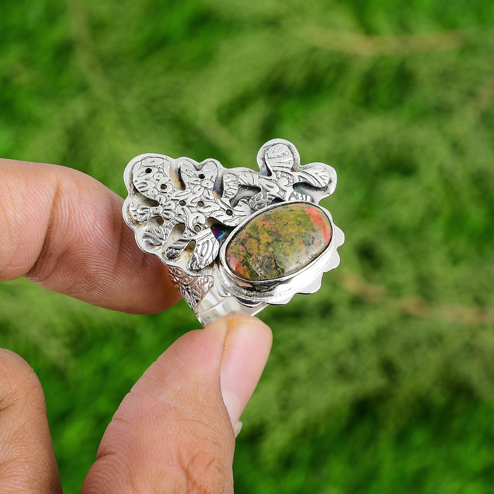 

Mothers day Sale Heart Chakra Unakite Gemstone Bezel Daughter Ring 925 Silver Adjustable