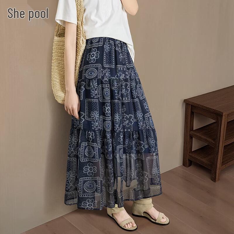 Women s Elastic Waist Draped Floral A-Line Long Skirt L