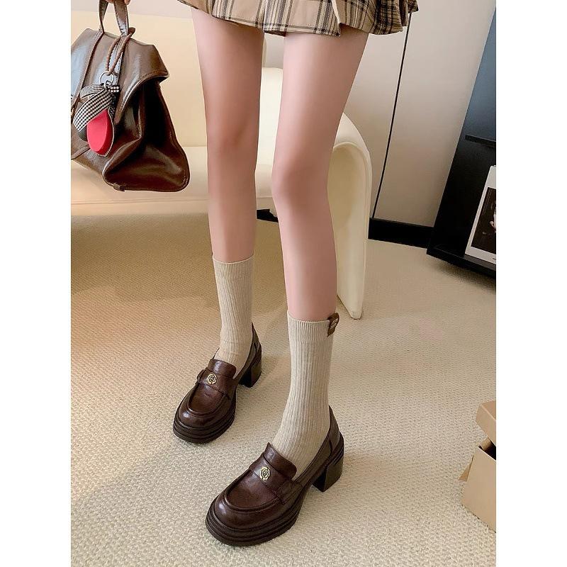 Cowhide version Camellia thick heel heightened platform loafers round head medium heel single shoes women's high heel small leather shoes British s