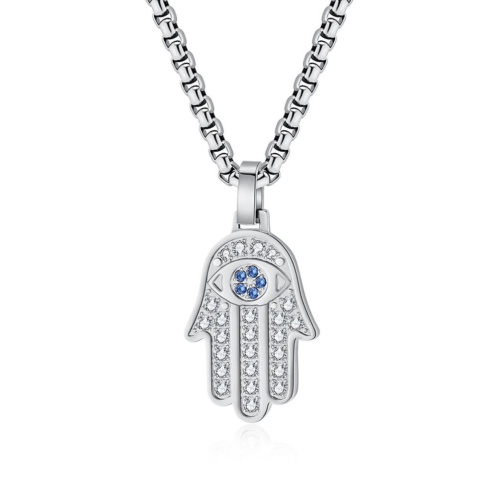 Classic Fatima Hand Studded with Diamond Titanium Steel Unisex Pendant Necklace Jewelry 60CM