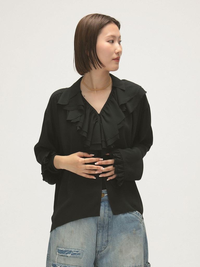 Beams Boy Women's Large/Small Shirt, M.Amnz_RuflBlous, Black, Free Size, 13110450452